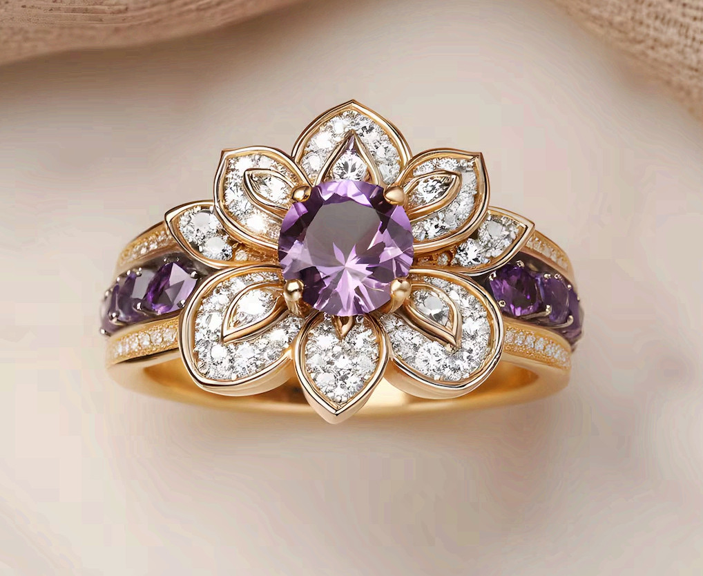 Copper Flower Statement Ring Purple CZ Fashion Cocktail Ring