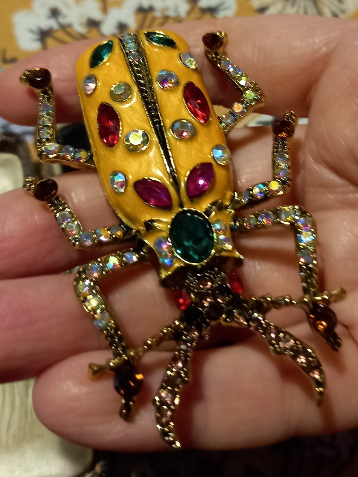 VINTAGE STYLE GOLDTONE ORANGE & MULTICOLOURED CRYSTAL ABSTRACT INSECT BROOCH