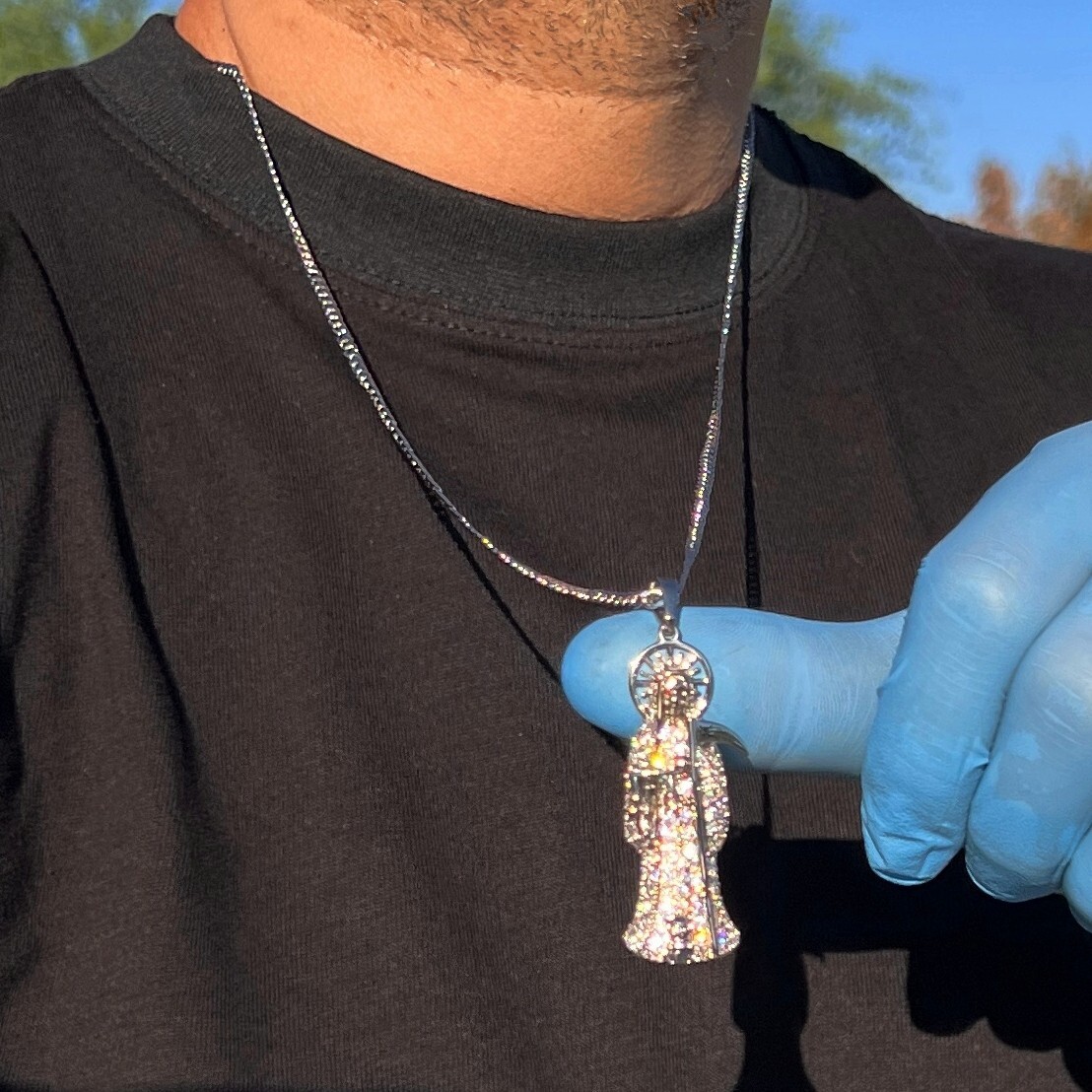 La Santa Muerte Silver Tone 2″ Pendant CZ 316L Stainless Steel Cuban Chain 30″