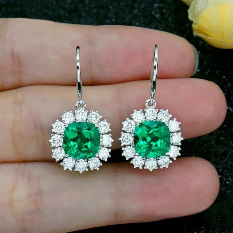 2.20Ct Cushion Cut Simulated Green Emerald Drop Earrings 14K White Gold Plated