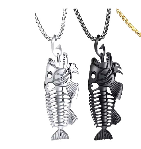 Mens Fishing Skeleton Fish Bones Hook Necklace Pendant Stainless Nautical Gift
