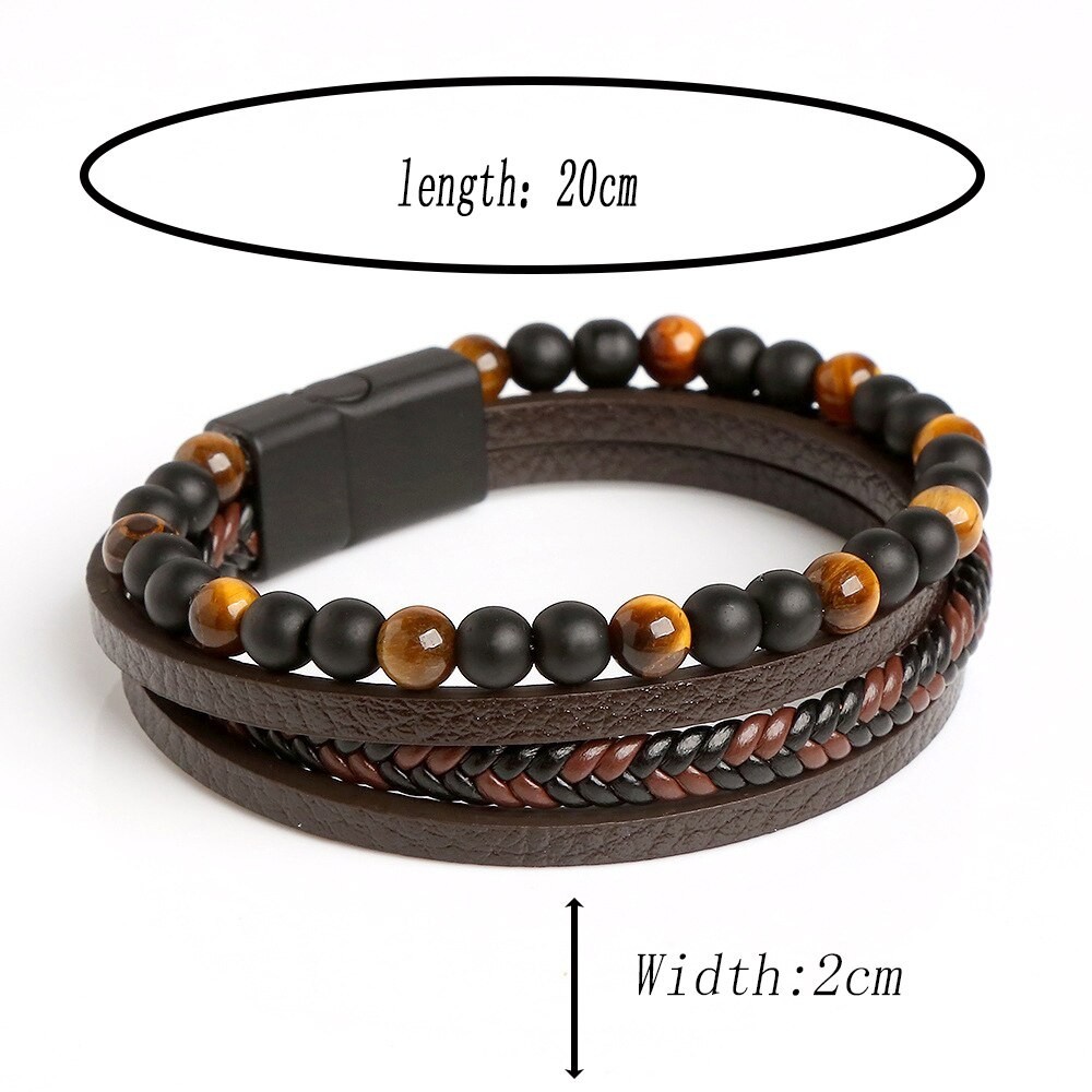 Men’s Layered Braided Leather Beaded Bracelet With Tiger Eye, Natural Stone