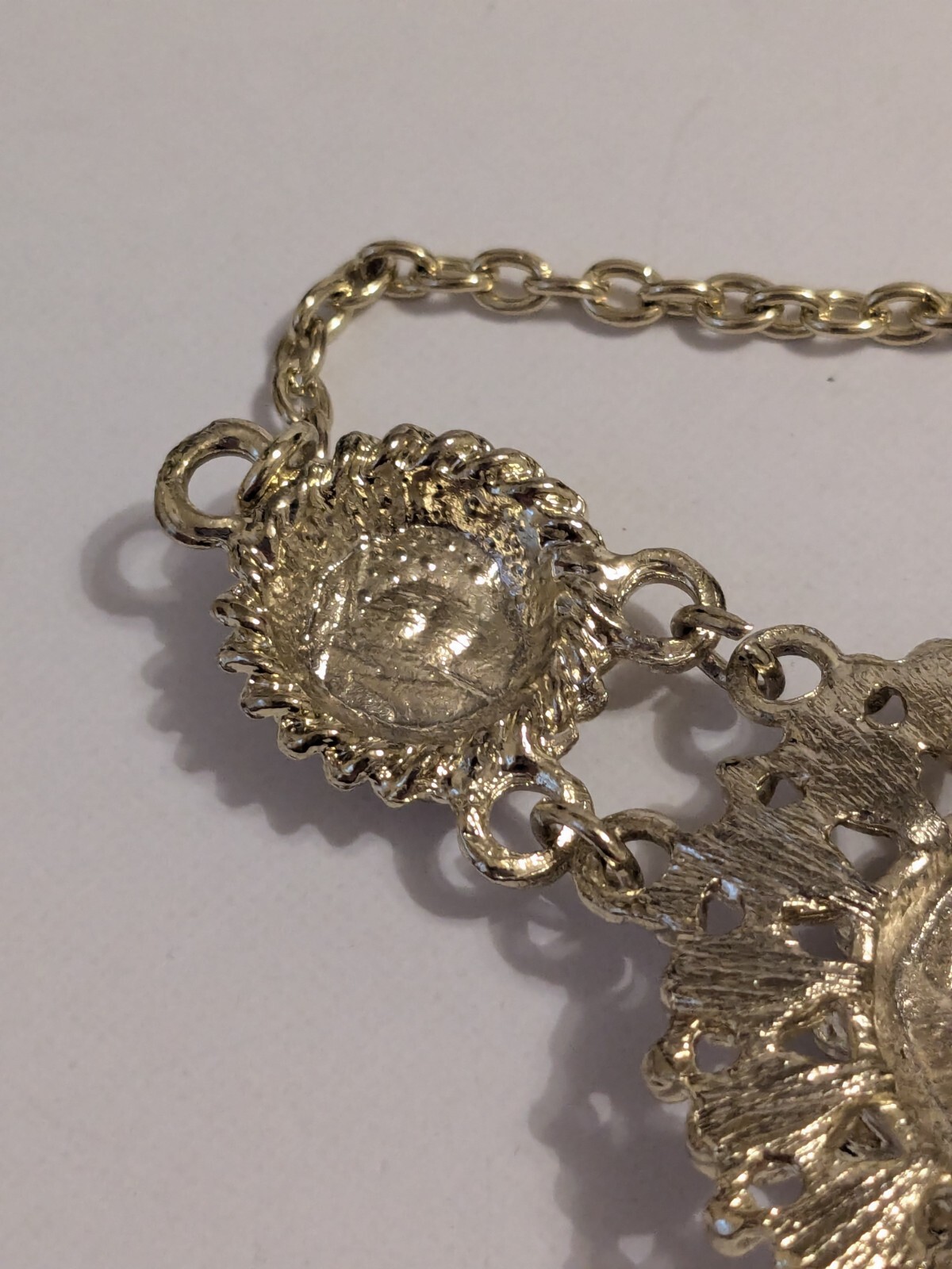 Gold Tone Flower Pendant Statement Necklace With Off White Acrylic Beads 24″.