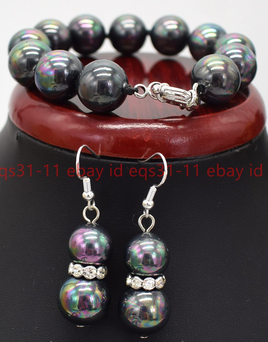 14mm Black Multicolor Shell Pearl Round Beads Necklace Bracelet Earrings Set