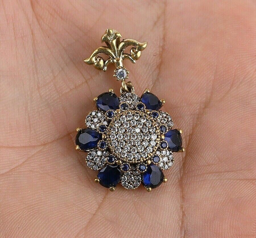 Round Simulated Blue Sapphire Pretty Flower Charm Pendant 14K Yellow Gold Plated
