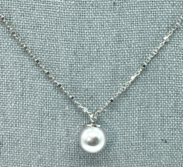 Necklace Silver Tone Patterned Chain w/Silver Cultured Pearl 16″ + 2″ Extension
