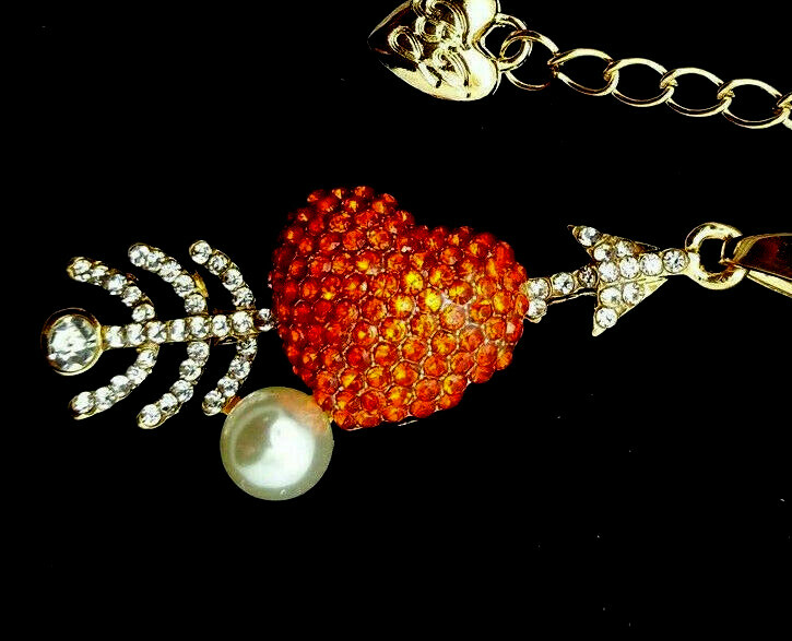 3D CUPID Arrow VALENTINE HEART Rhinestone Retro LOVE Necklace Red