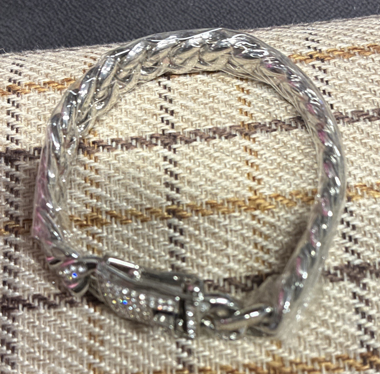 Silver Tone Cuban Link Chain Bracelet, Pavé Clear Rhinestone Box Clasp