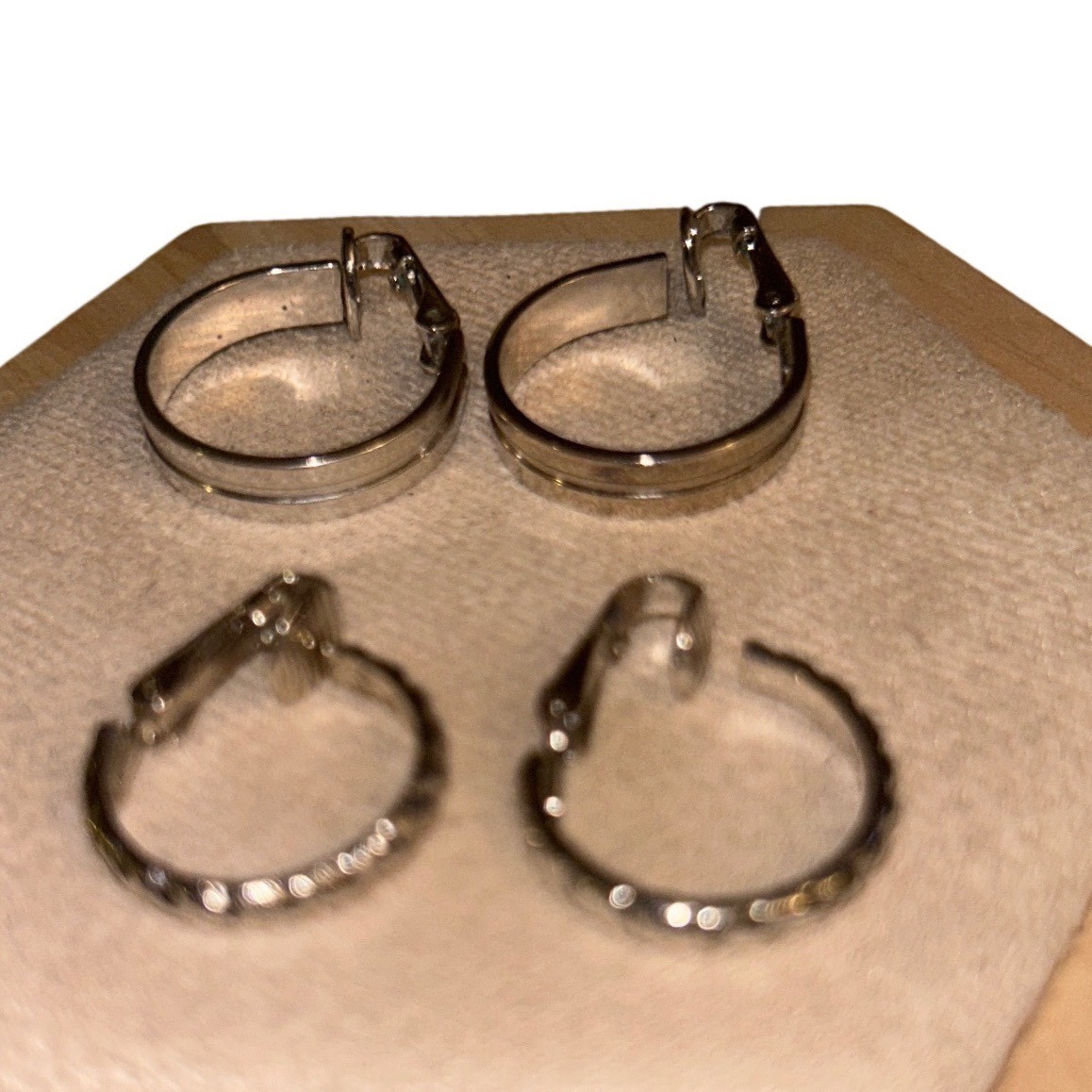 Silver Tone Clip On Hoop Earring Set 2 Pairs Twisted Rope and Polished Smooth