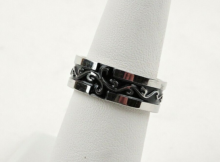 Stainless Steel Black Enamel Swirls Comfort Fit Band Ring – Free Gift Packaging