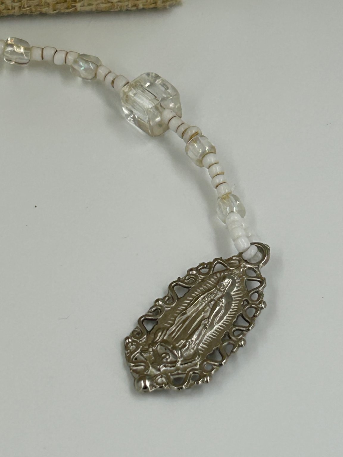 Vintage Religious Rosary Necklace Silver Tone ClearGlass Beads 27 Inch