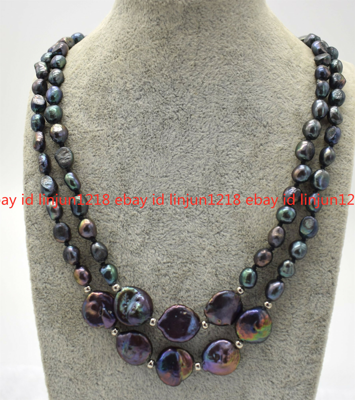 2Rows 7-8mm Natural Black Baroque Pearl 12-13mm Coin Pearl Necklace 18-19in