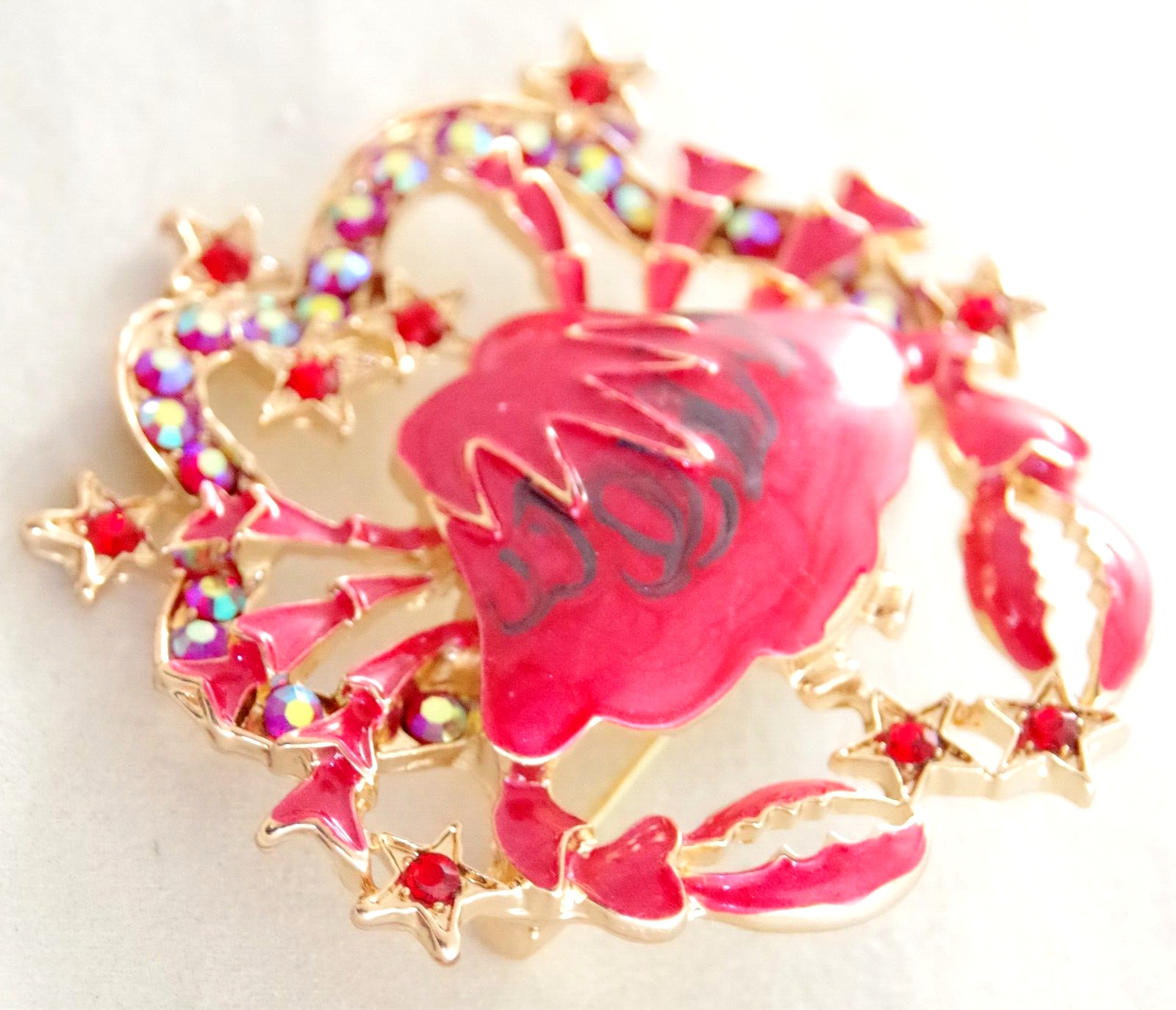 2 3/8″ NWOT DESIGNER STYLE CANCER ZODIAC HOROSCOPE CRAB AB RHINESTONE BROOCH PIN