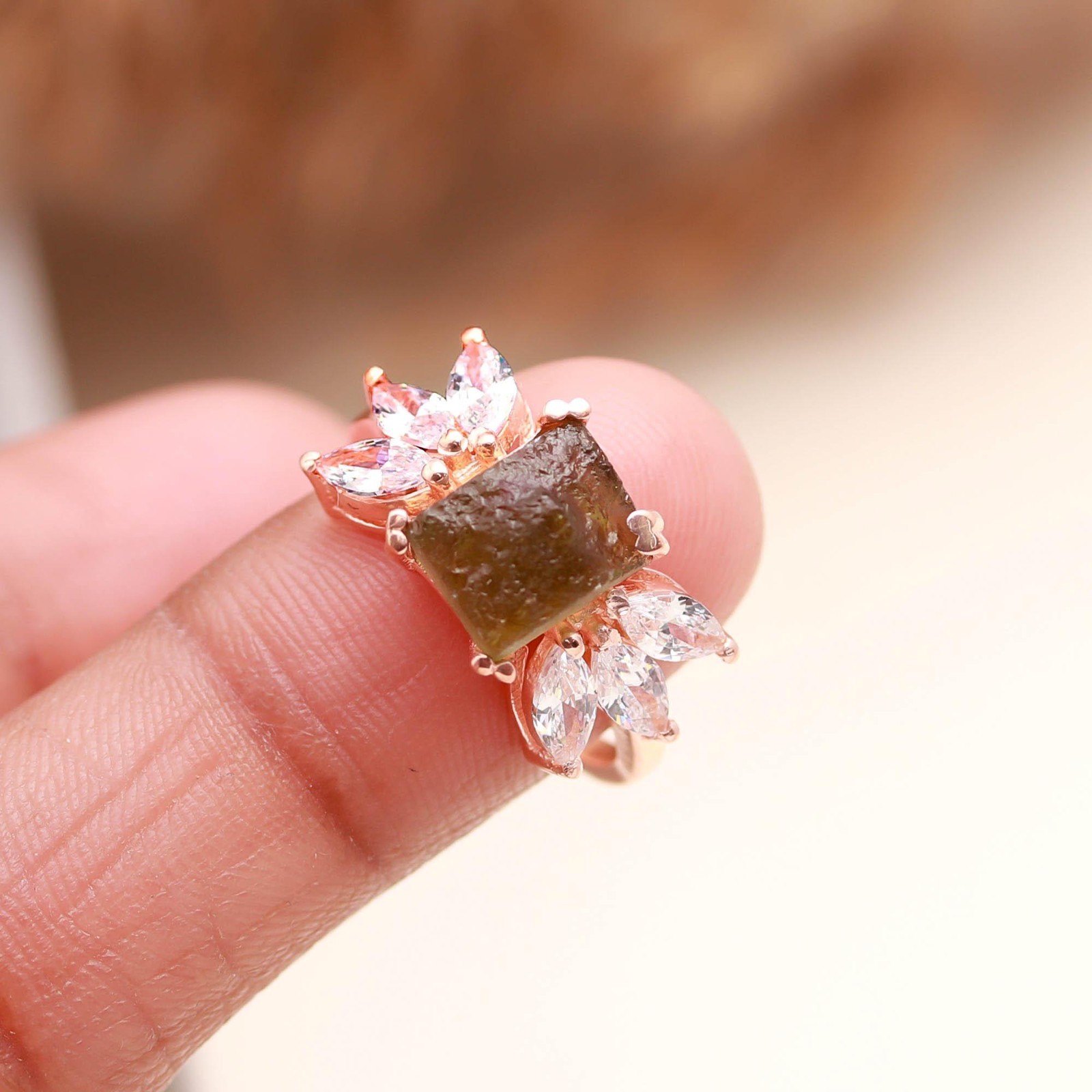 Rough Moldavite Octagon Ring Rose Gold Plated Solid Silver Jewelry Gift For Her