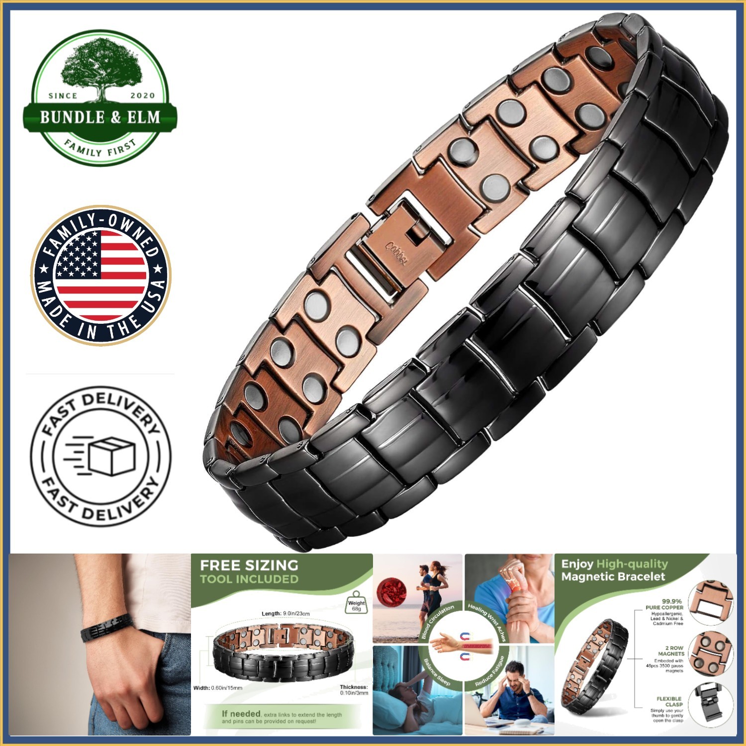 Classic Black Copper Magnetic Bracelet with Adjustable Size for Everyday Wear