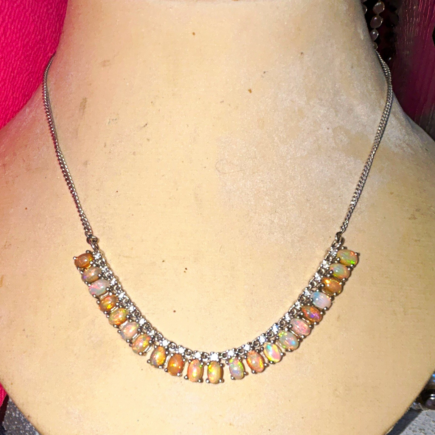 925 SS Oval Opal & Crystal Bar Necklace, Box Chain, 2 inch lengthener