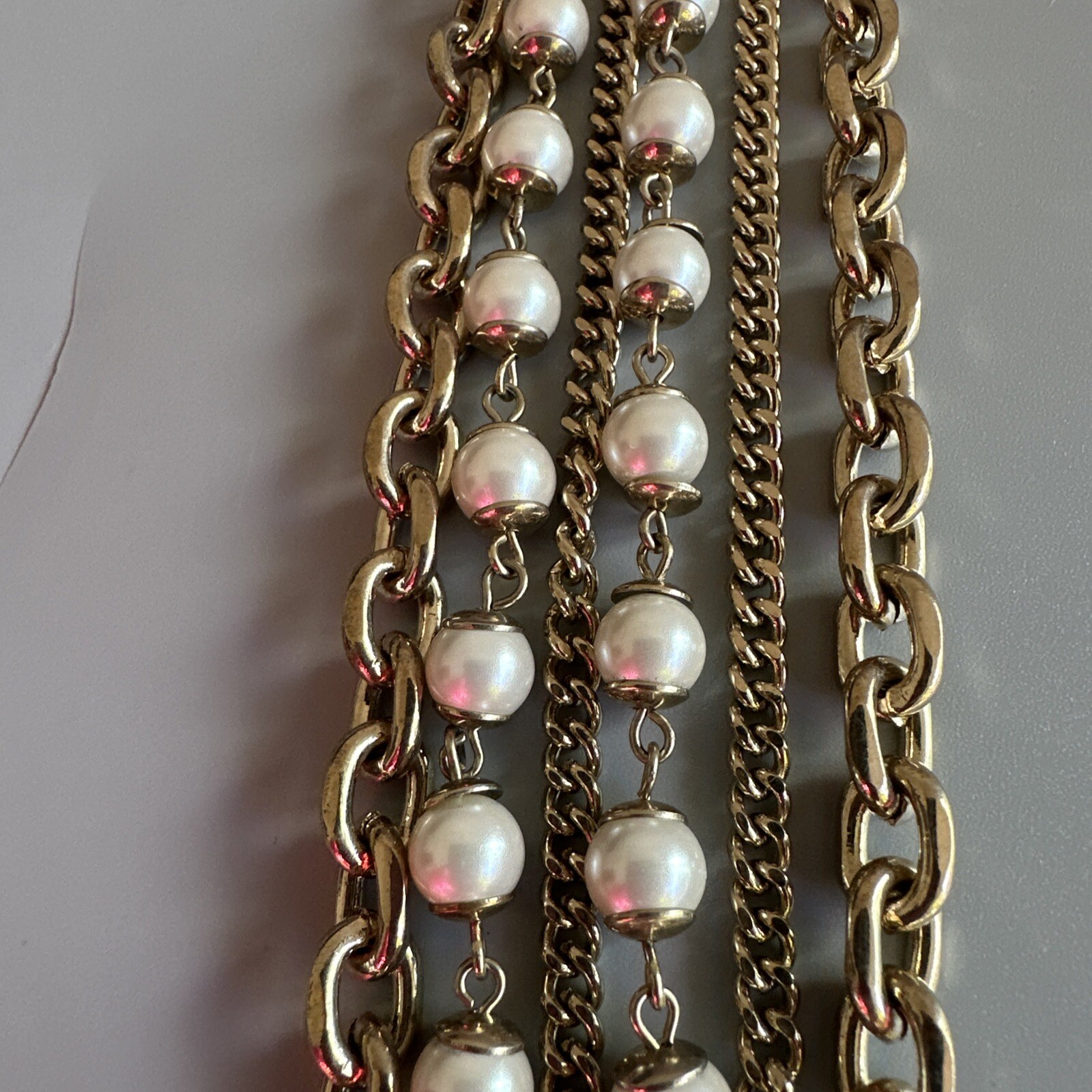 Ann Taylor Gold Plated Pearl Layered Chains Necklace Massive Long 30in. 20mm