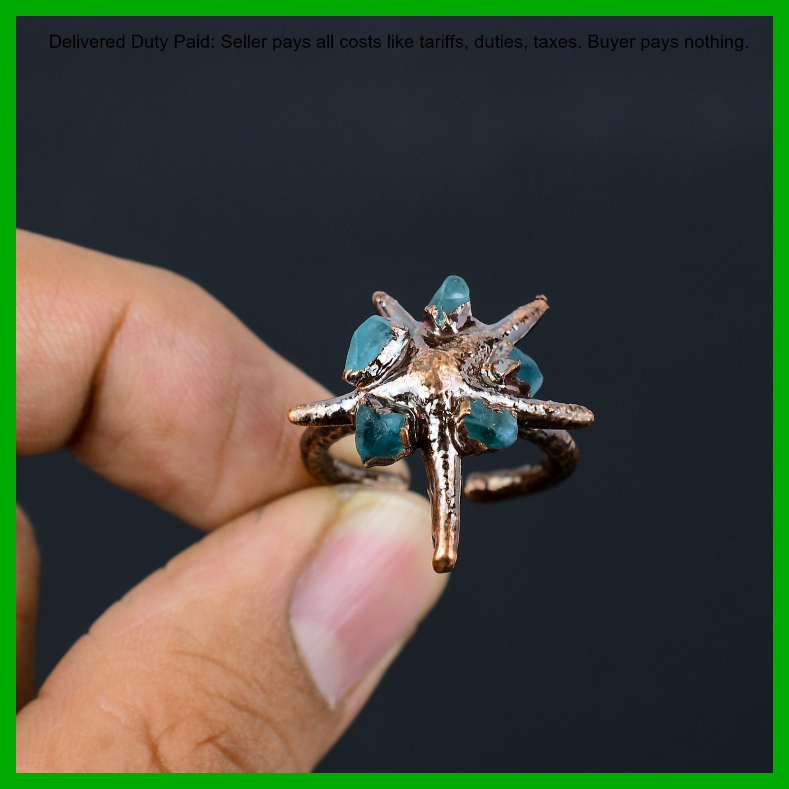 Pentagon Aquamarine Rough Stone New Electroformed Engagement Ring Jewelry Copper