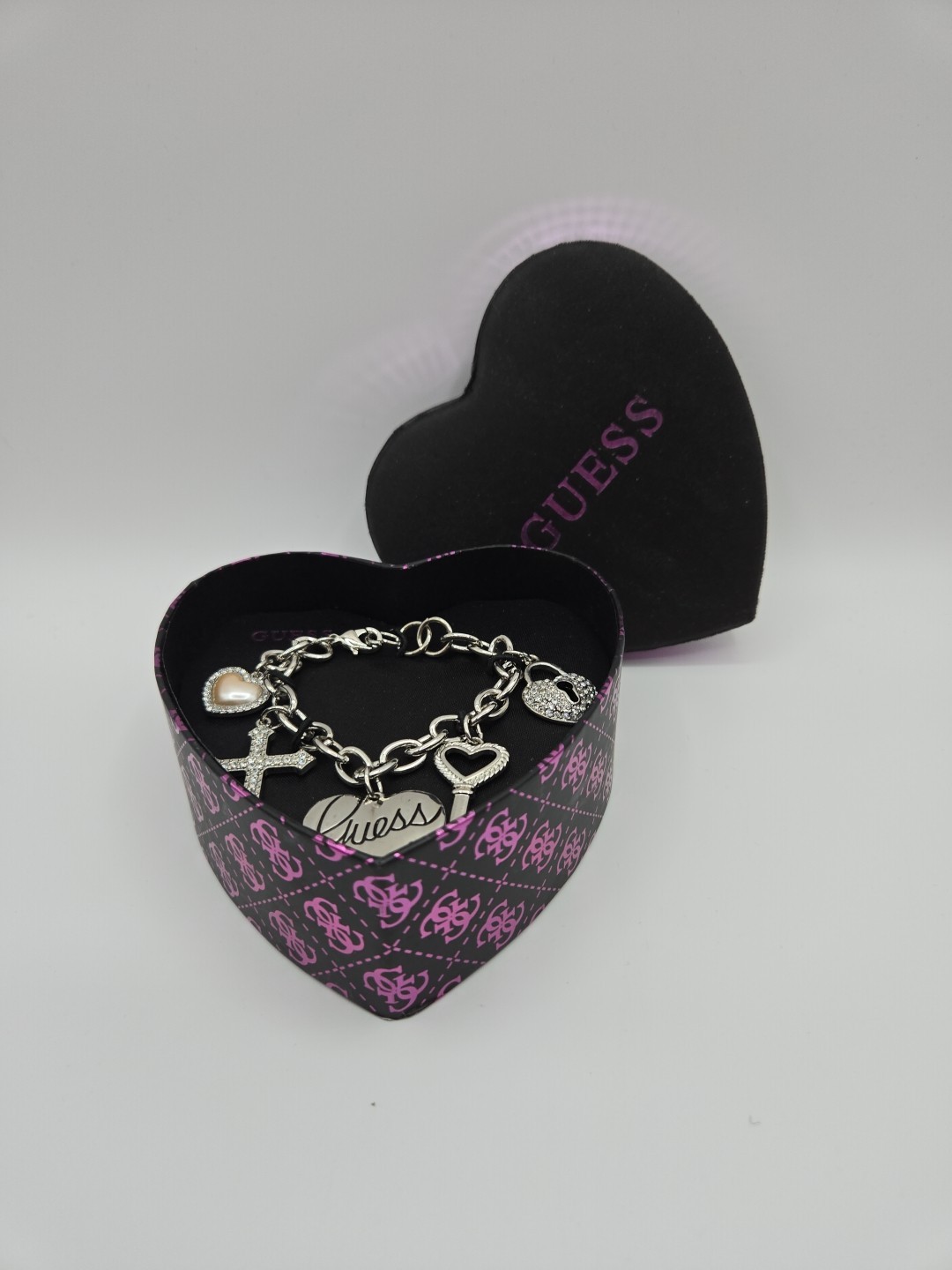 GUESS Charm Bracelet Key Heart Lock Rhinestones Cross Silver Tone NWT Heart Box