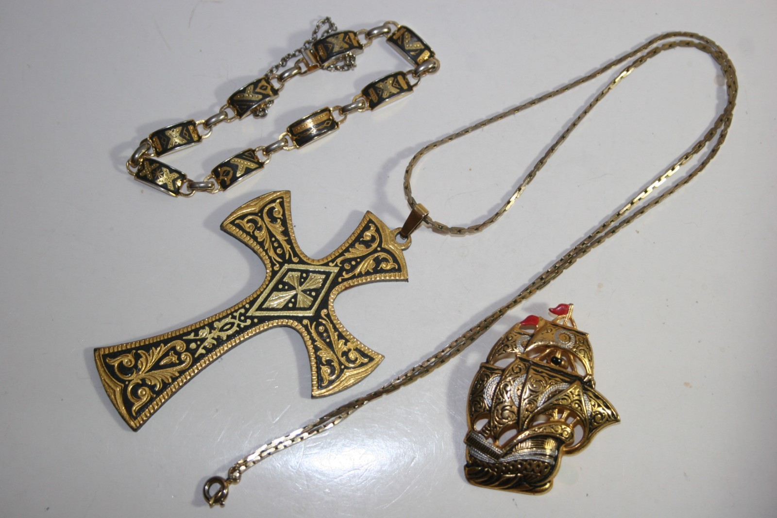 Vint Spain Damascene Lot-Cross Pendant w/Chain Necklace-Ship Brooch-Bracelet