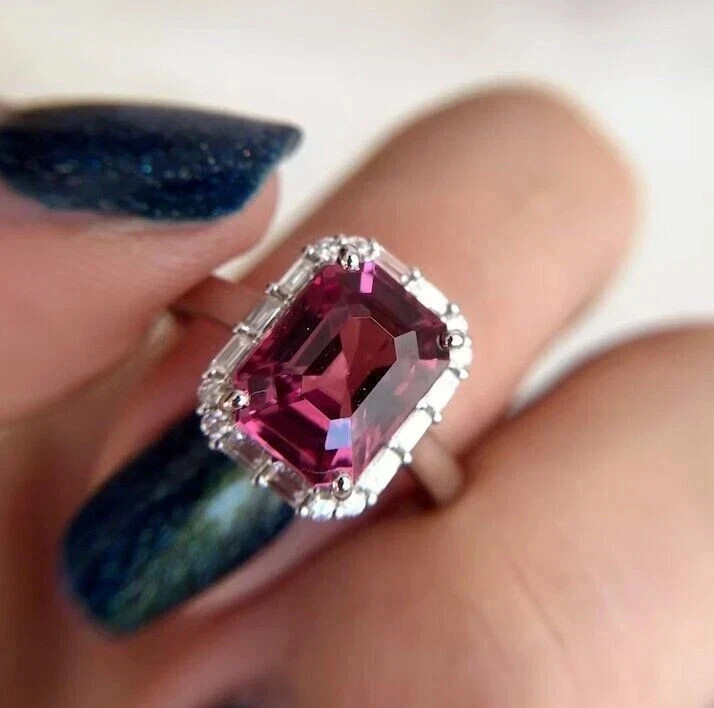 3.70 Ct Emerald Cut Natural Pink Ruby Halo Wedding Ring 14k White Gold Size 8