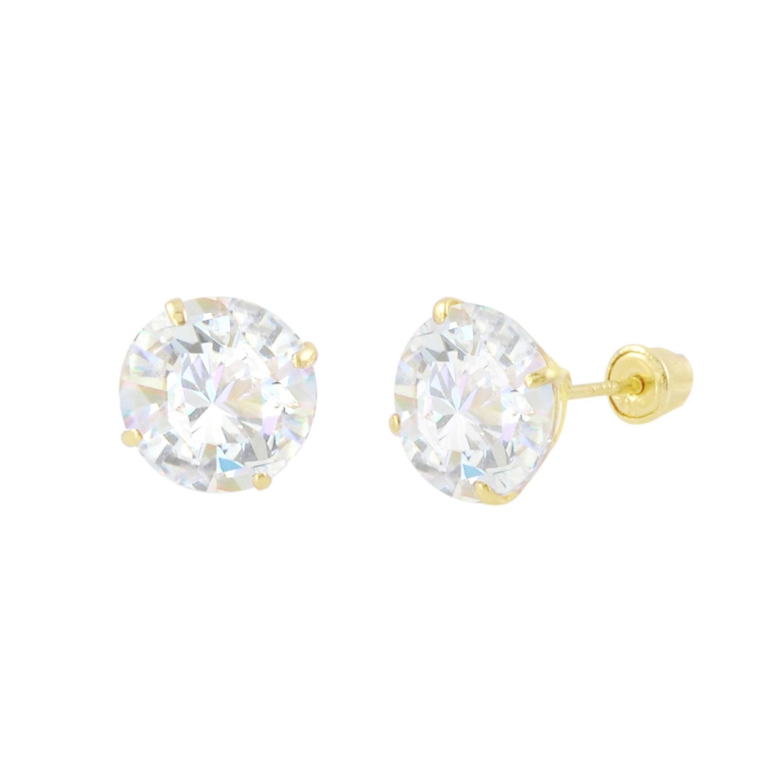 Round CZ Studs Screw Back Earrings Solid 14k Yellow Gold Clear Basket Set