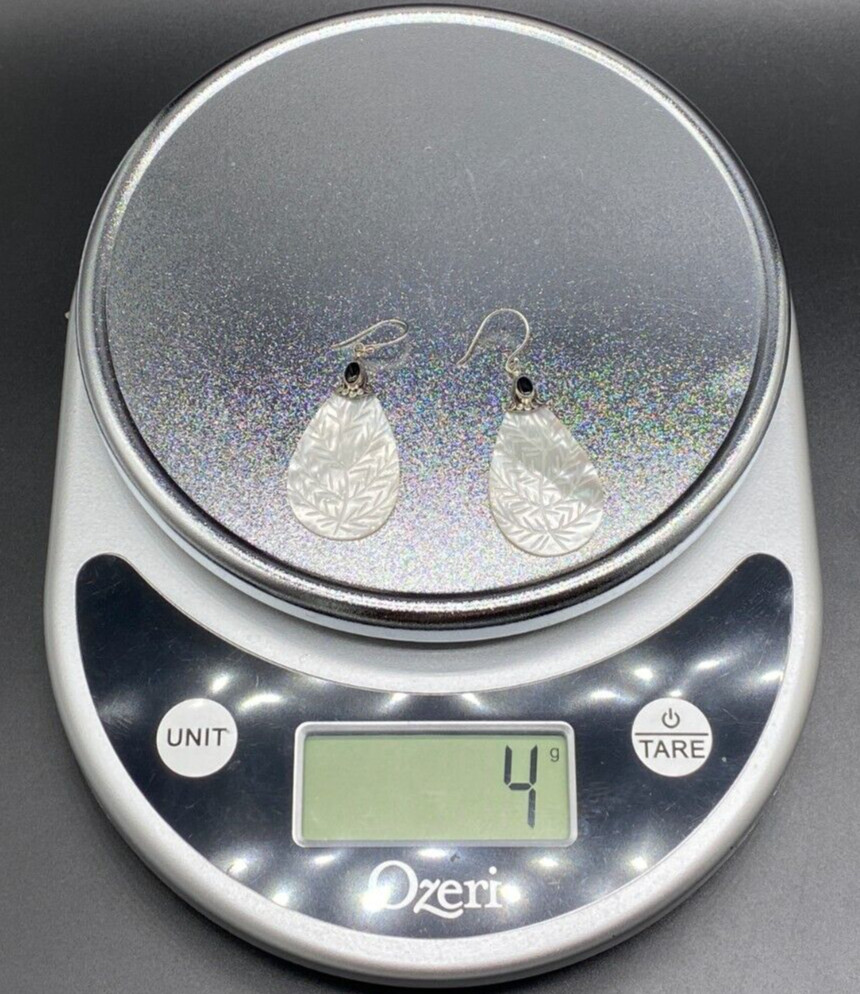 SAMUEL B.-Sterling Silver Onyx Floral Etched MOP Teardrop Dangle Earrings