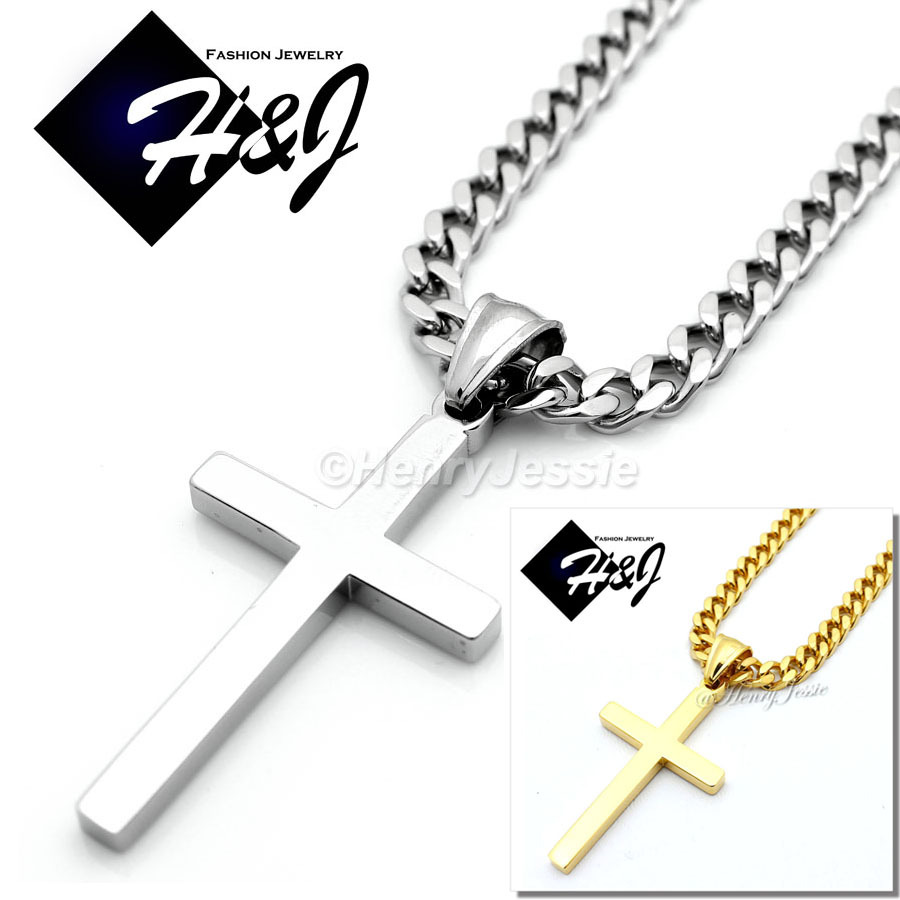 18-36″Stainless Steel 5mm Silver/Gold Plated Cuban Curb Chain Cross Pendant*P