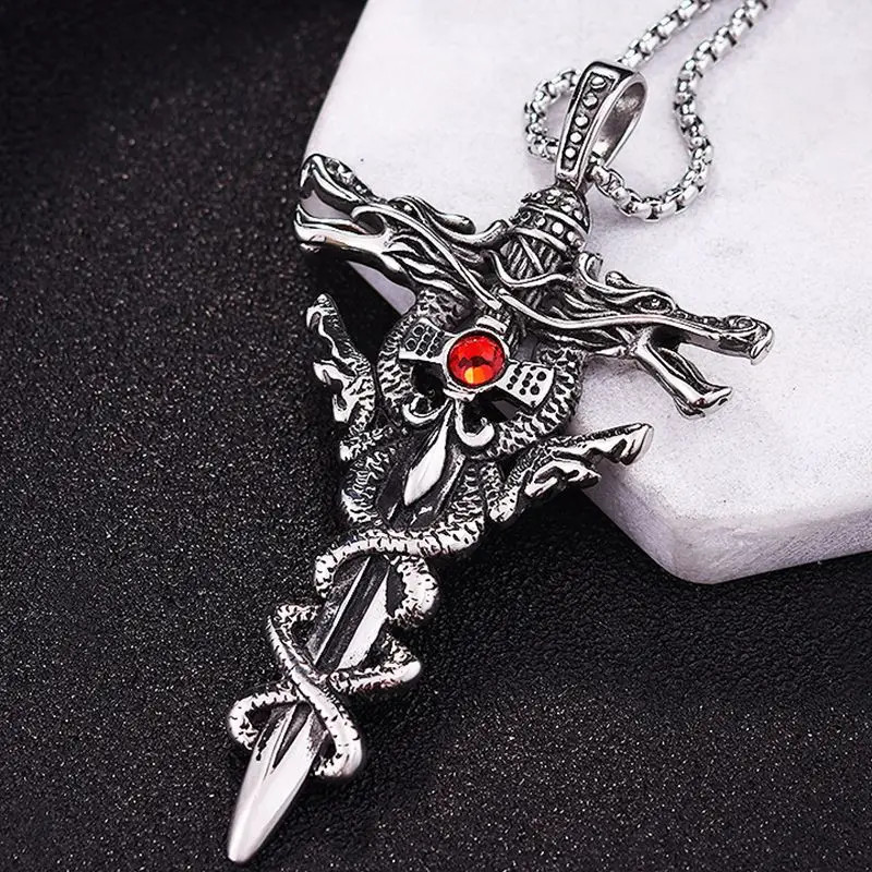 Punk Gothic Necklace Men Alloy Dragon Sword Evil Eye Cross Pendant Jewelry Gift