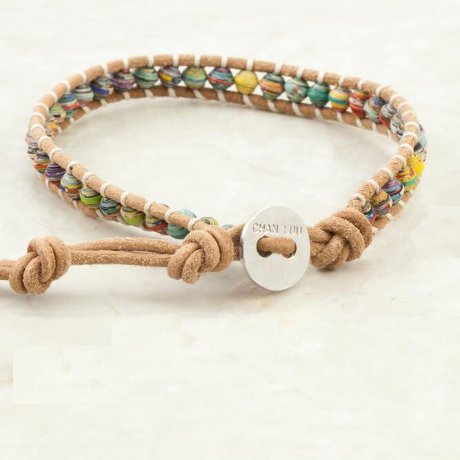 CHAN LUU MULTI-COLORED PAPER BEAD SINGLE WRAP BRACELET ON BEIGE LEATHER, NEW