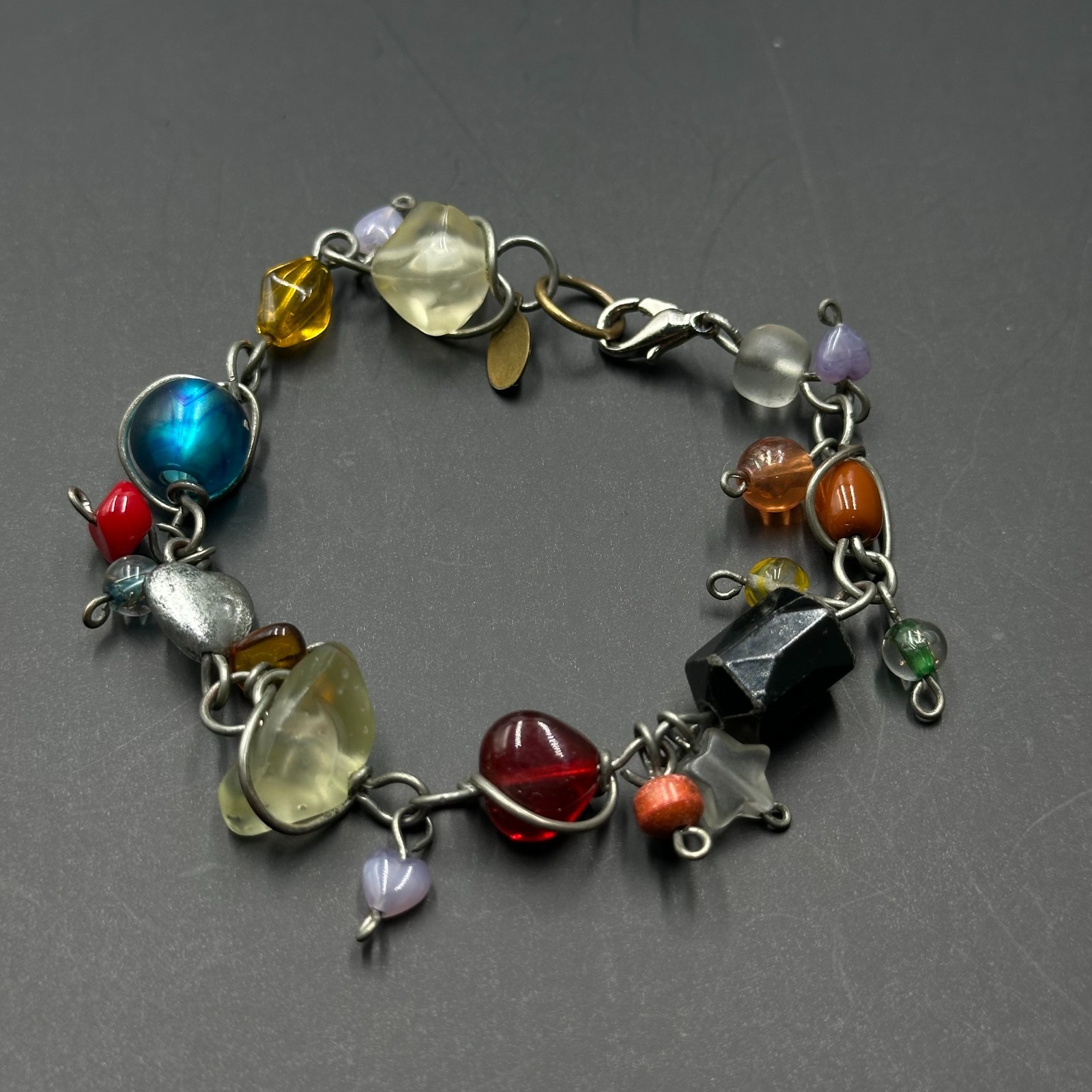 ABRA Bracelet Silver Tone Multicolored Glass Beads Wire Wrapped Boho Artsy 7.5″