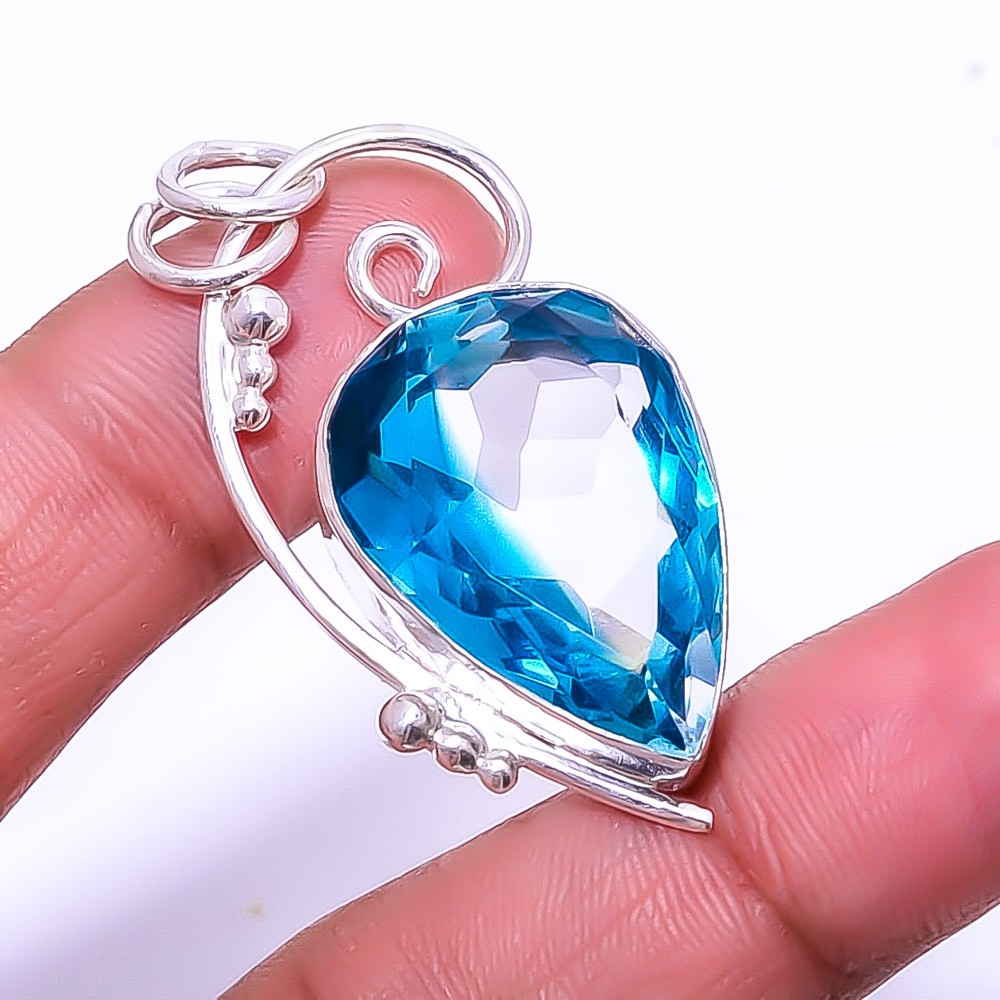 Bi-Colour Blue Topaz Designer Handmade 925 Sterling Silver Pendant 1.72″ P64