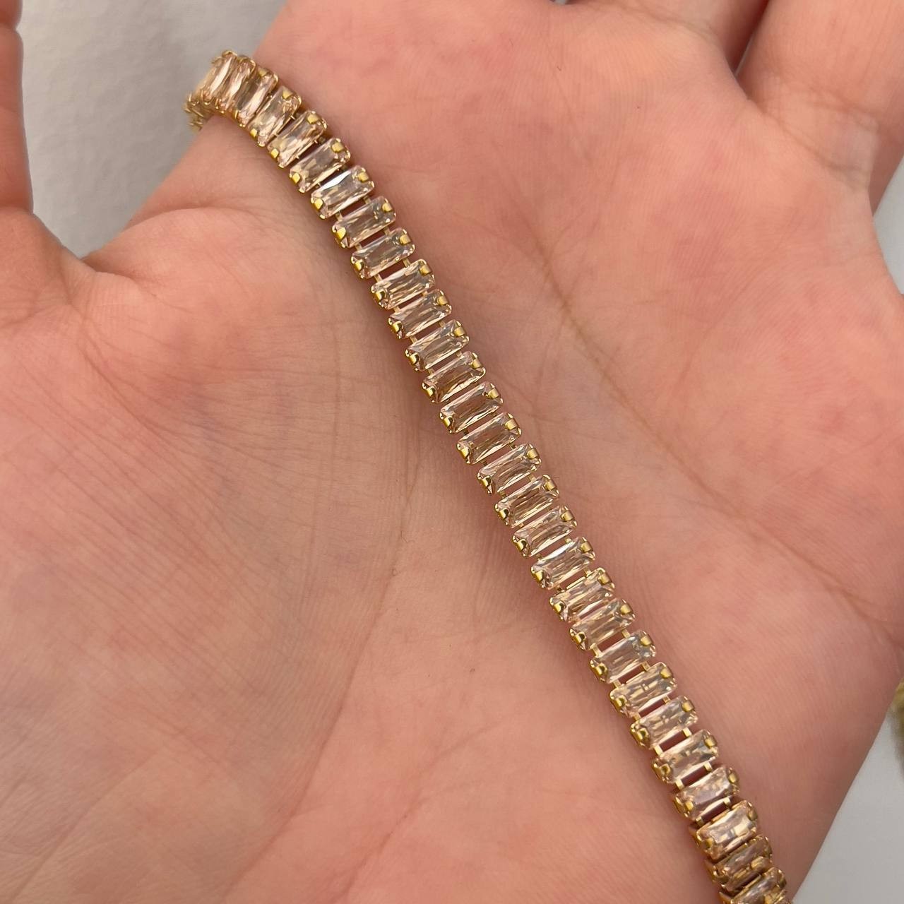 Gold Baguette Tennis Necklace Champagne Crystal Stainless Steel Choker Necklace