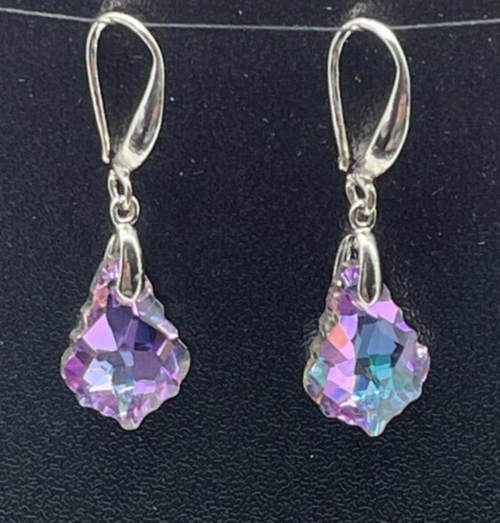 Earrings. Silver Tone with Pinkish Purple Reflective Crystal. Hook. 1″ drop