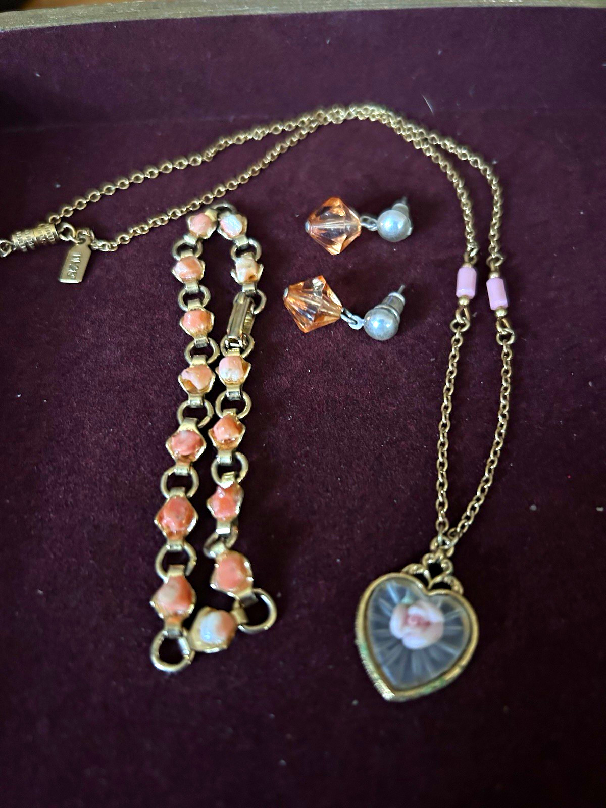 Vintage Jewelry Lot 1928 Heart Rose Necklace Coral Bracelet Faceted Earrings