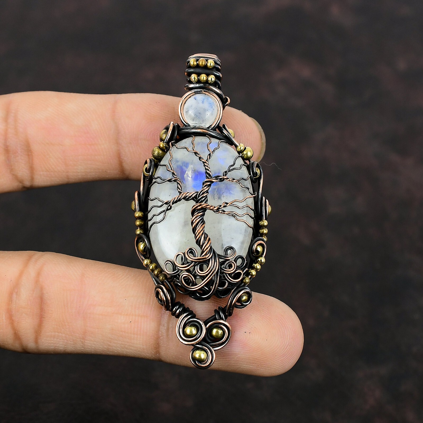 Rainbow Moonstone Copper Mom Gift Wire Wrapped Tree Of Life Pendant 2.76″