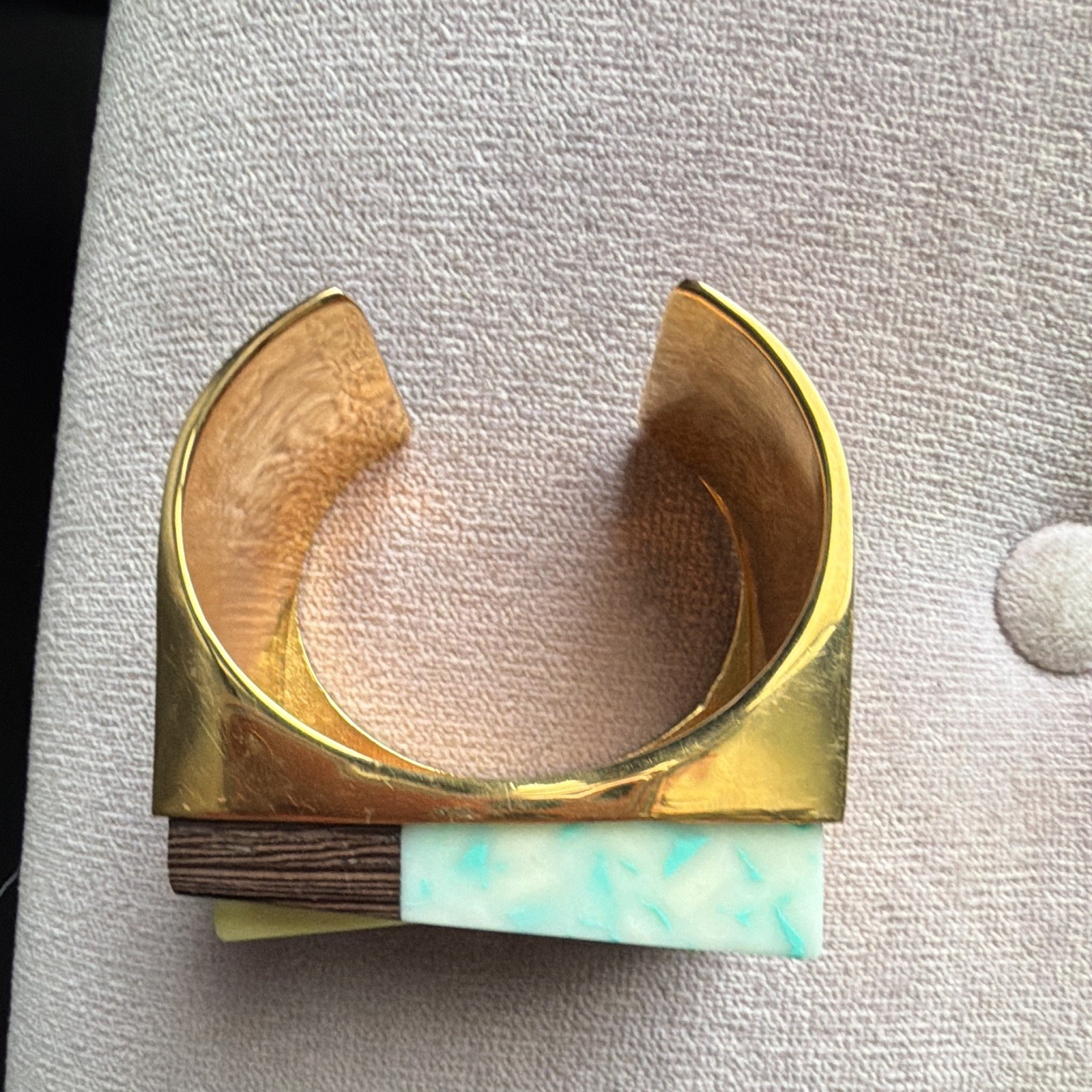 Stella McCartney Signed Gold Tone Brass Cuff Bracelet with Multicolor Inlay