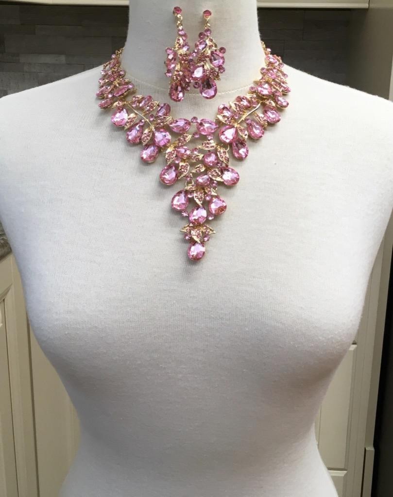 Waterfall Necklace Set Pink crystal Rhinestone Bib cluster Statement Earrings vt
