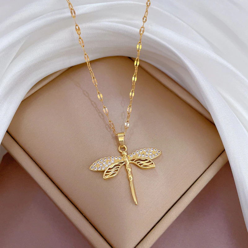 Women’s Fashion Jewelry Gold Cubic Zircon Dragonfly Pendant Necklace 427