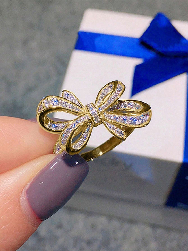 Cute Bowknot Ring Crystal Bow Ring Gold Silver Plated Jewelry Gift for Women CZ