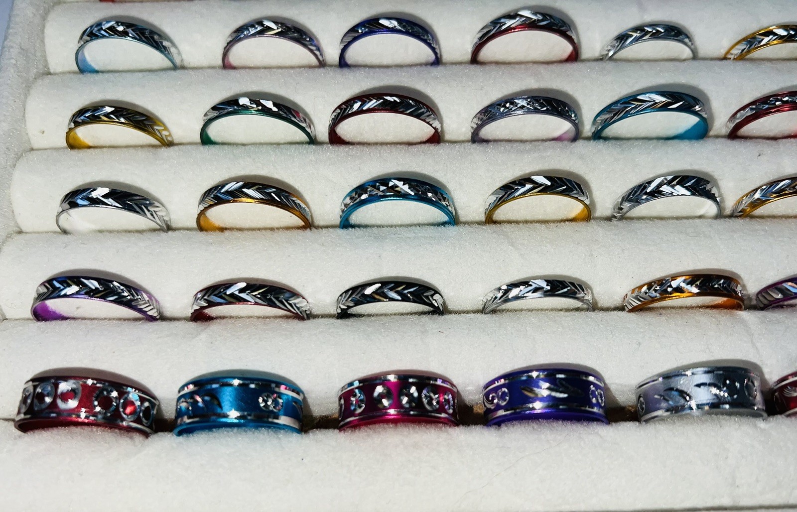 Bundle of 50 ALUMINIUM Silver Carved Different Coloured RINGS Mixed Sizes