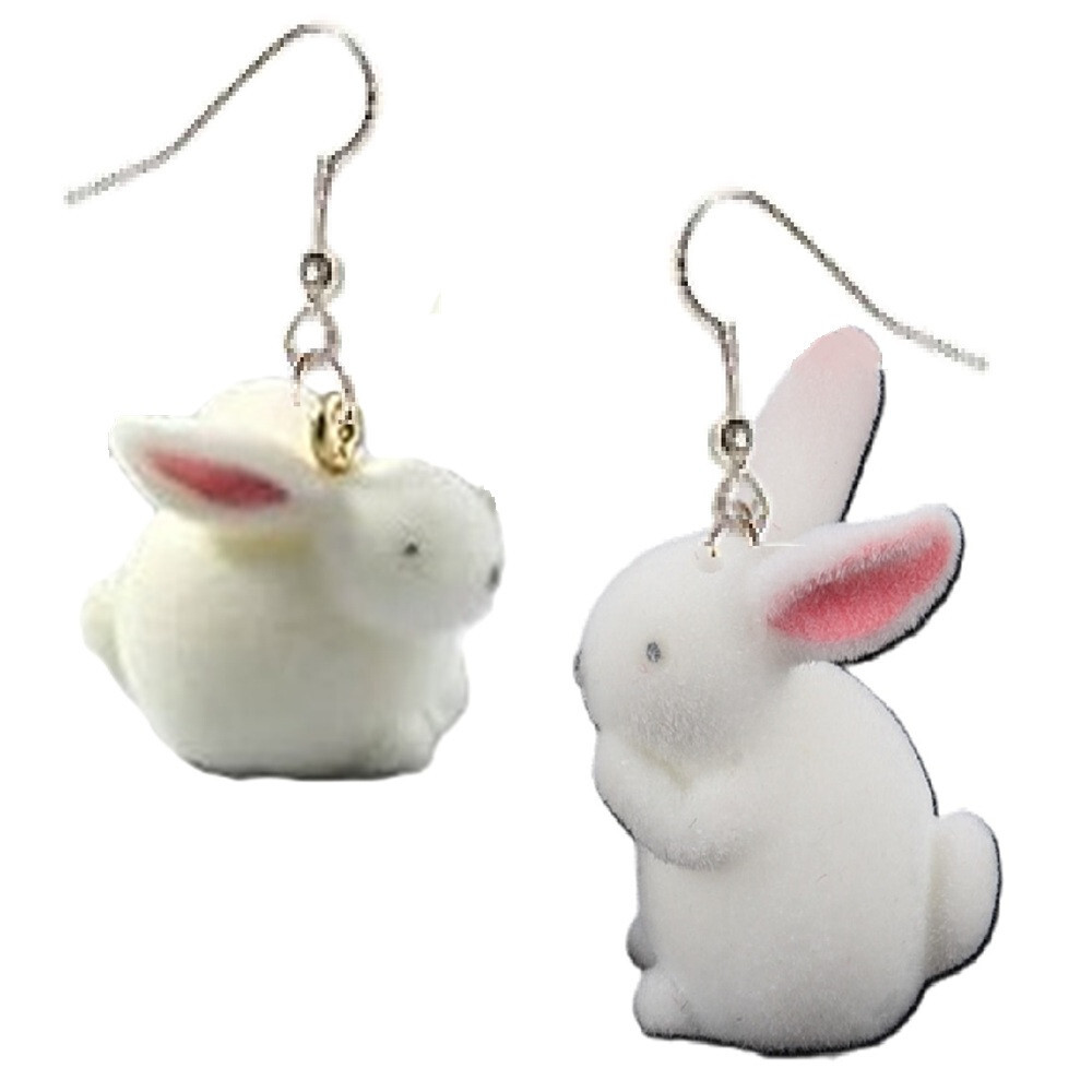 3D Cute White SIT/STAND EASTER BUNNY RABBIT EARRINGS Flock Charm Novelty Jewelry