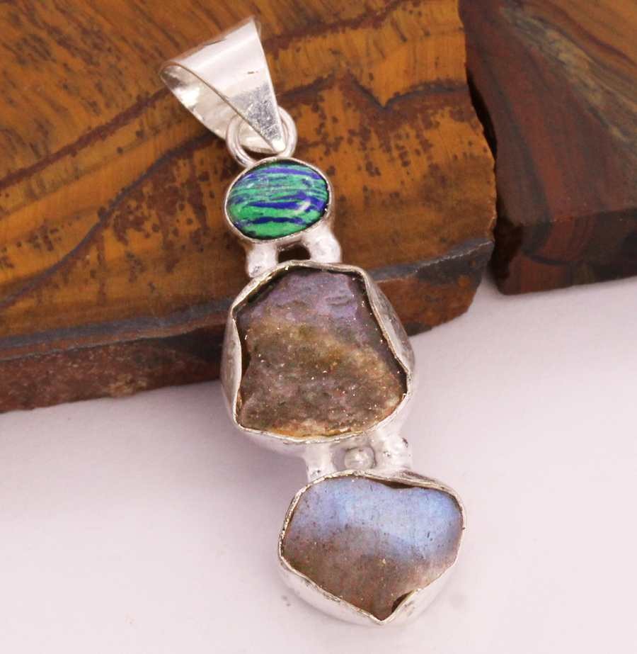 Rough Firey Labradorite Calsilica 925 Silver Plated Handmade Pendant of 1.9″