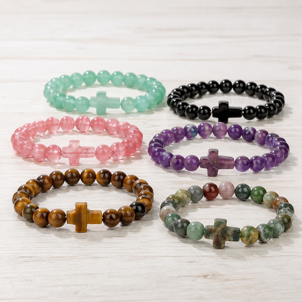 Stretch Bracelet Crystal Agate Glass Cross Round Quartz Beaded Tiger Eye T167