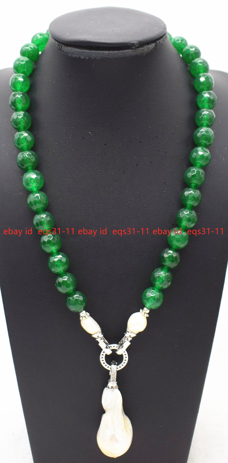 6-12mm Faceted Green Jade Gems White Keshi Baroque Pearl Pendant Necklace14-32”