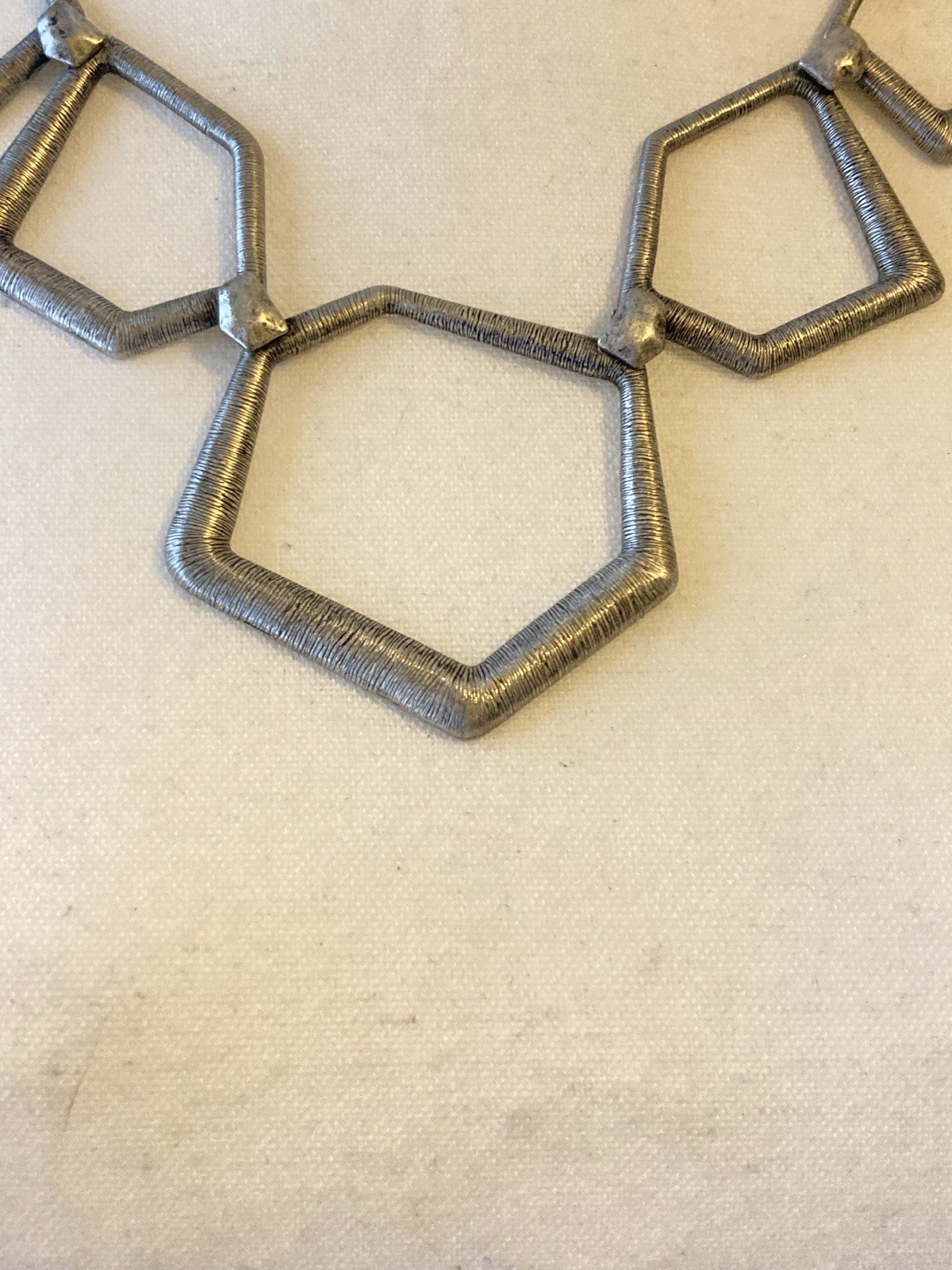 Modernist Statement Necklace Open Pentagon Shape Geometric Abstract Silver Tone