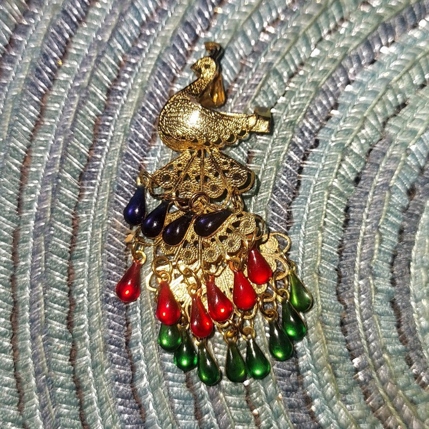 Gold Tone Peacock Bird Brooch Pin Metal Red Green Blue Accents Dangles Vintage