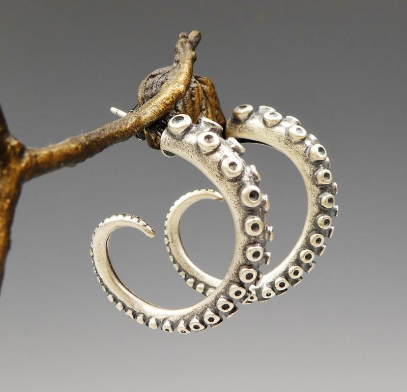 Unique Gothic Handmade 925 Sterling Silver Octopus Tentacle Punk Hoop Earrings