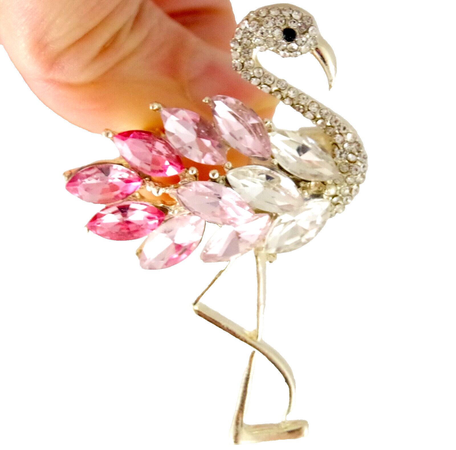 2 1/8″ NEW MARQUISE CRYSTAL RHINESTONE & GOLD TONE PINK FLAMINGO BIRD BROOCH PIN
