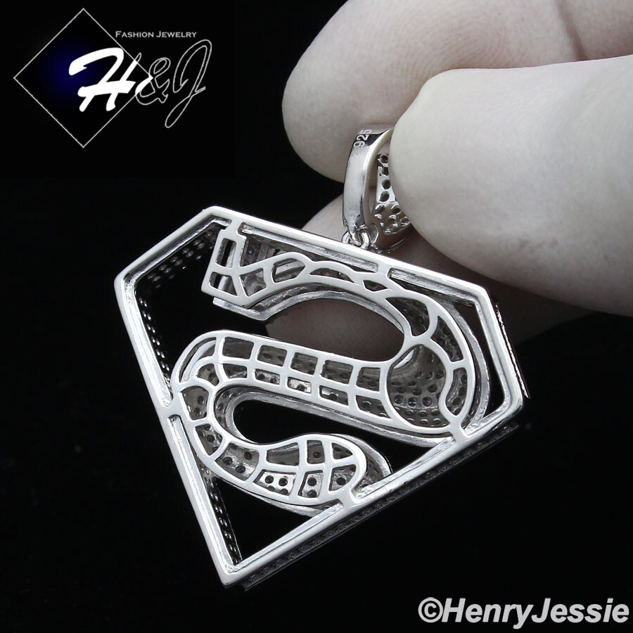 925 STERLING SILVER 18-30″X2MM MOON CUT BEADED CHAIN ICY CZ SUPERMAN PENDANT*263